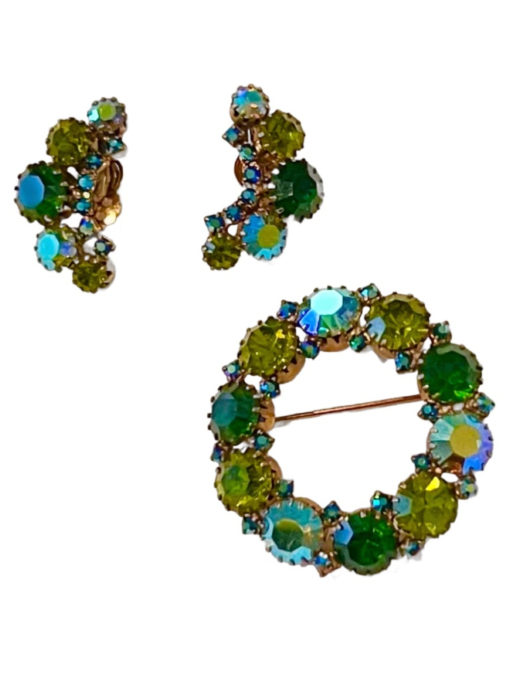 Gorgeous Vintage Green Rhinestone Brooch & Clip Earrings